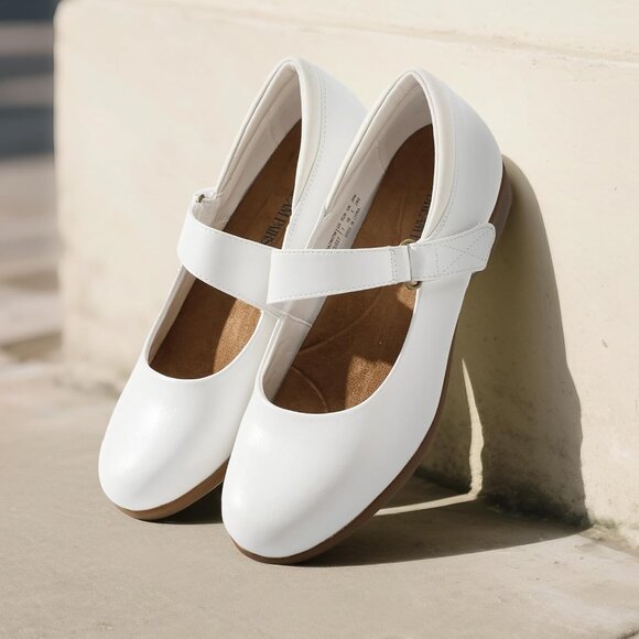 Dream Pairs Women's White Leather Ankle Strap and Arch Support Ballet Flats - Picture 5 of 8